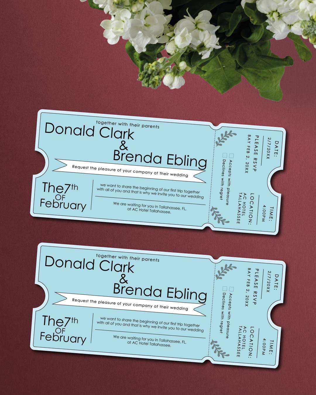 Small Leaves on Blue Boarding Pass Wedding Invitations