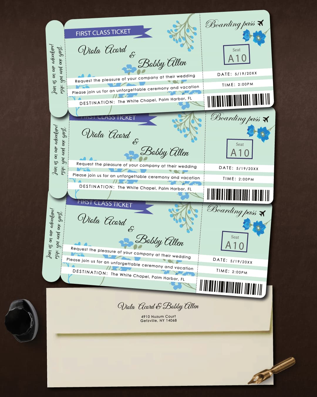 Ticket with Blue Flowers Boarding Pass Wedding Invitations