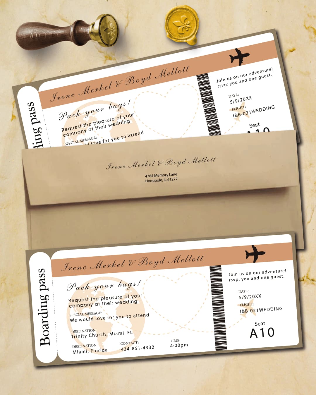 Brown Vintage Ticket Boarding Pass Wedding Invitations