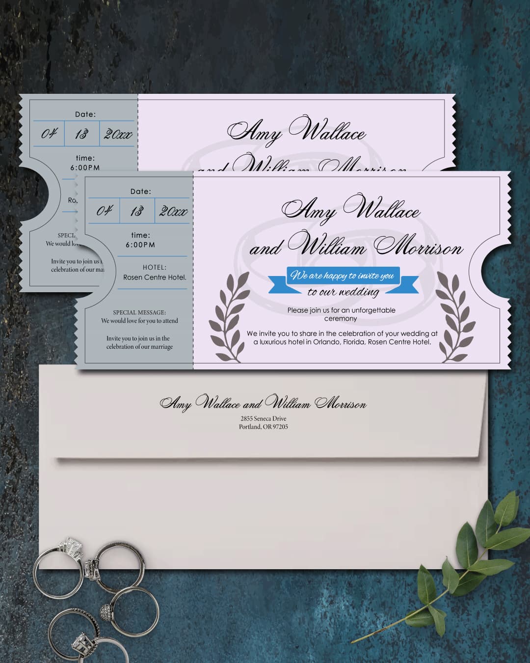 Ticket with Gray Rings Boarding Pass Wedding Invitations