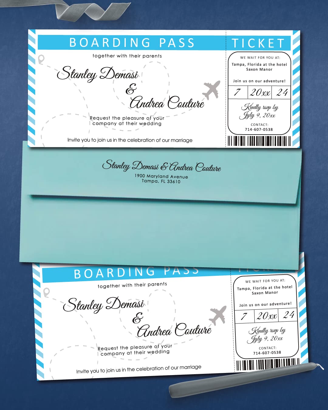 Ticket with Blue Stripes Boarding Pass Wedding Invitations