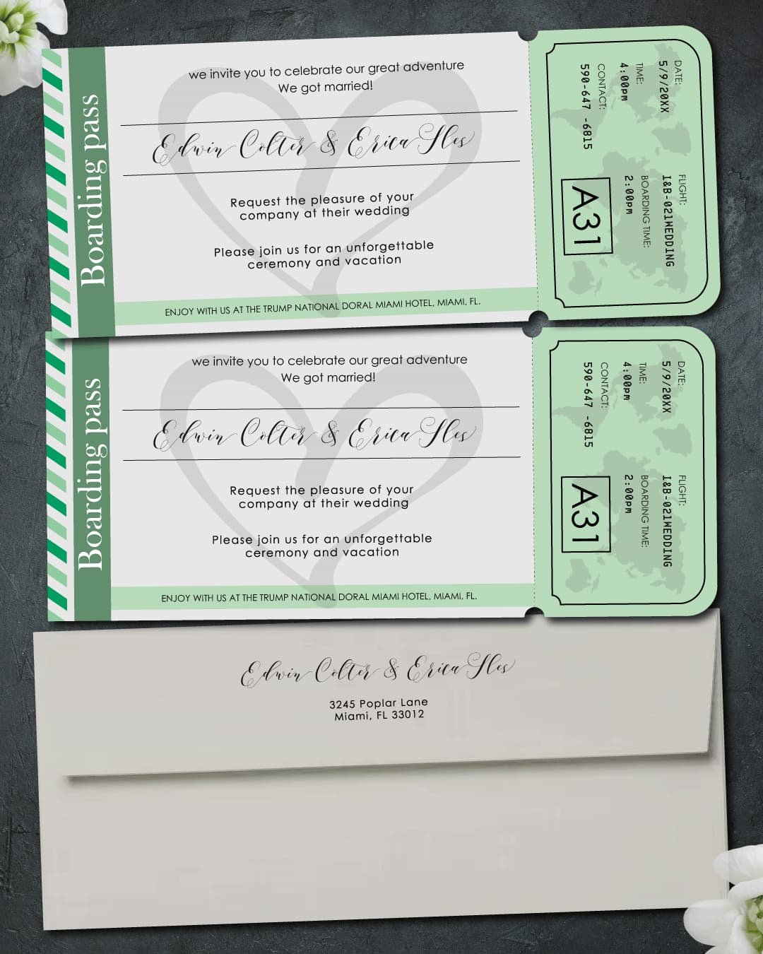 Green Map of Love Boarding Pass Wedding Invitations
