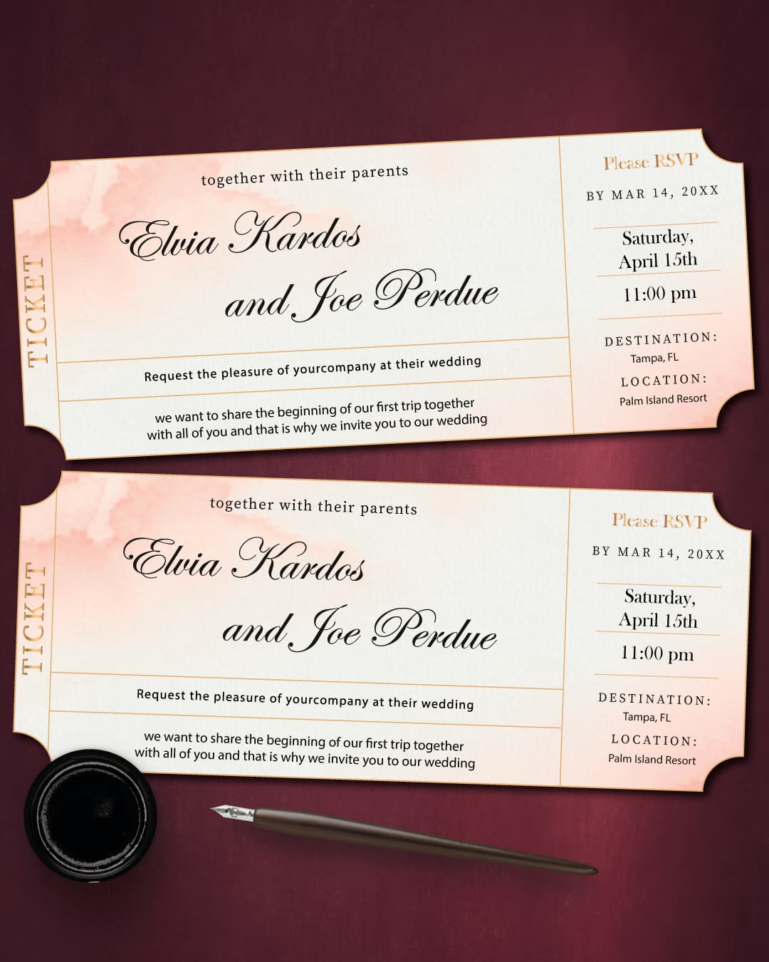 Pink Watercolor Ticket Boarding Pass Wedding Invitations
