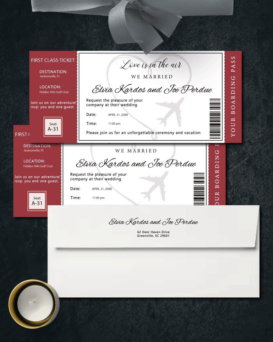 Burgundy Design with Heart Boarding Pass Wedding Invitations