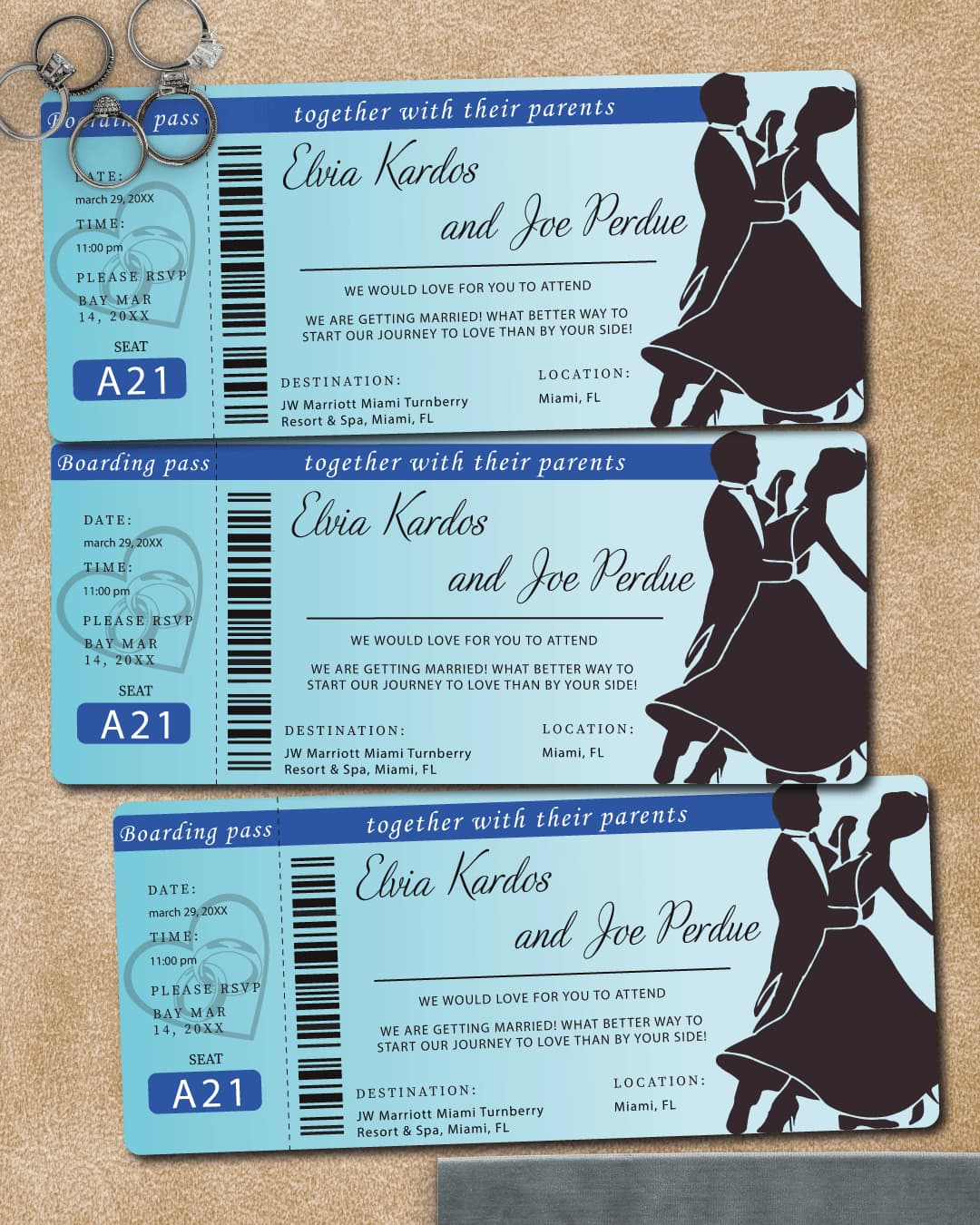 Couple Dancing Blue Boarding Pass Wedding Invitations
