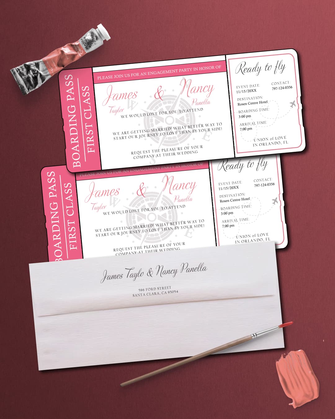 Pink Compass Boarding Pass Wedding Invitations