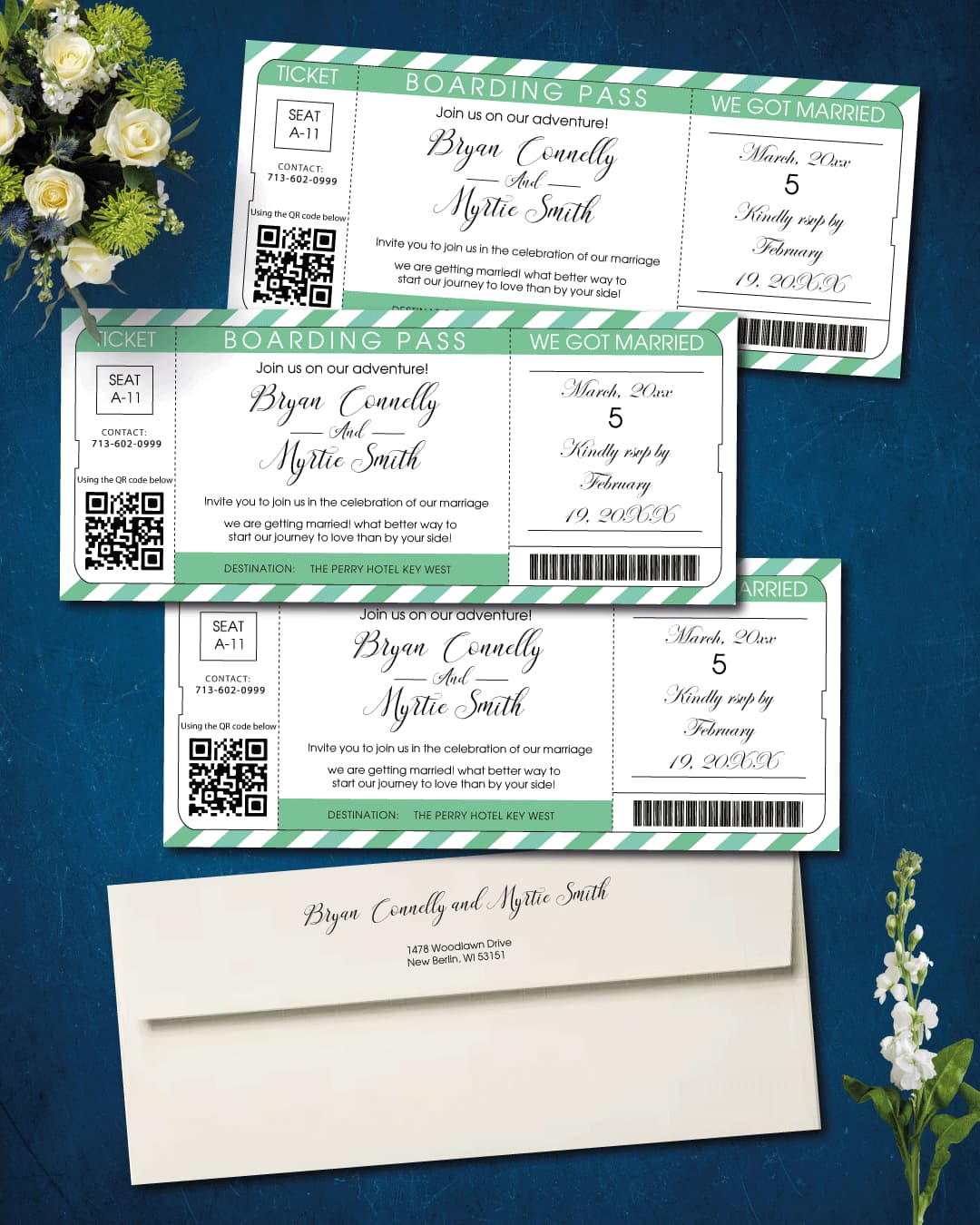 Turquoise Striped Ticket Boarding Pass Wedding Invitations