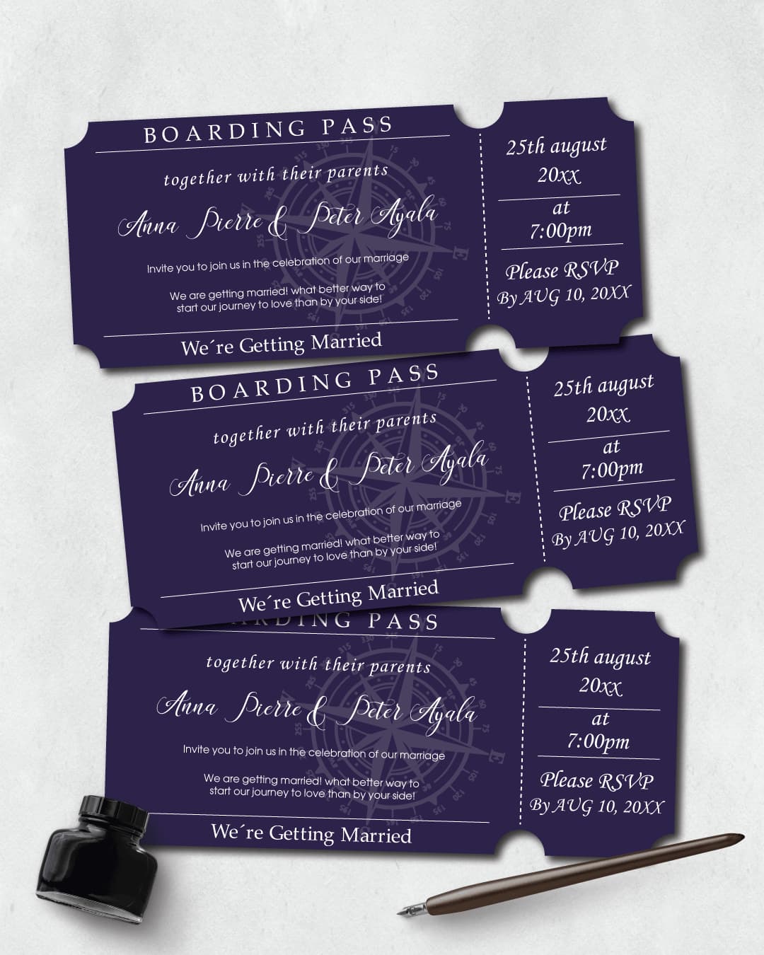 Vintage Ticket Compass Boarding Pass Wedding Invitations