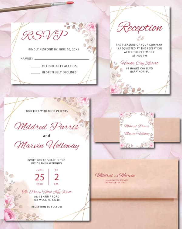 Inspirational Pink Flowers Simple Flat 5x7 Wedding Invitation