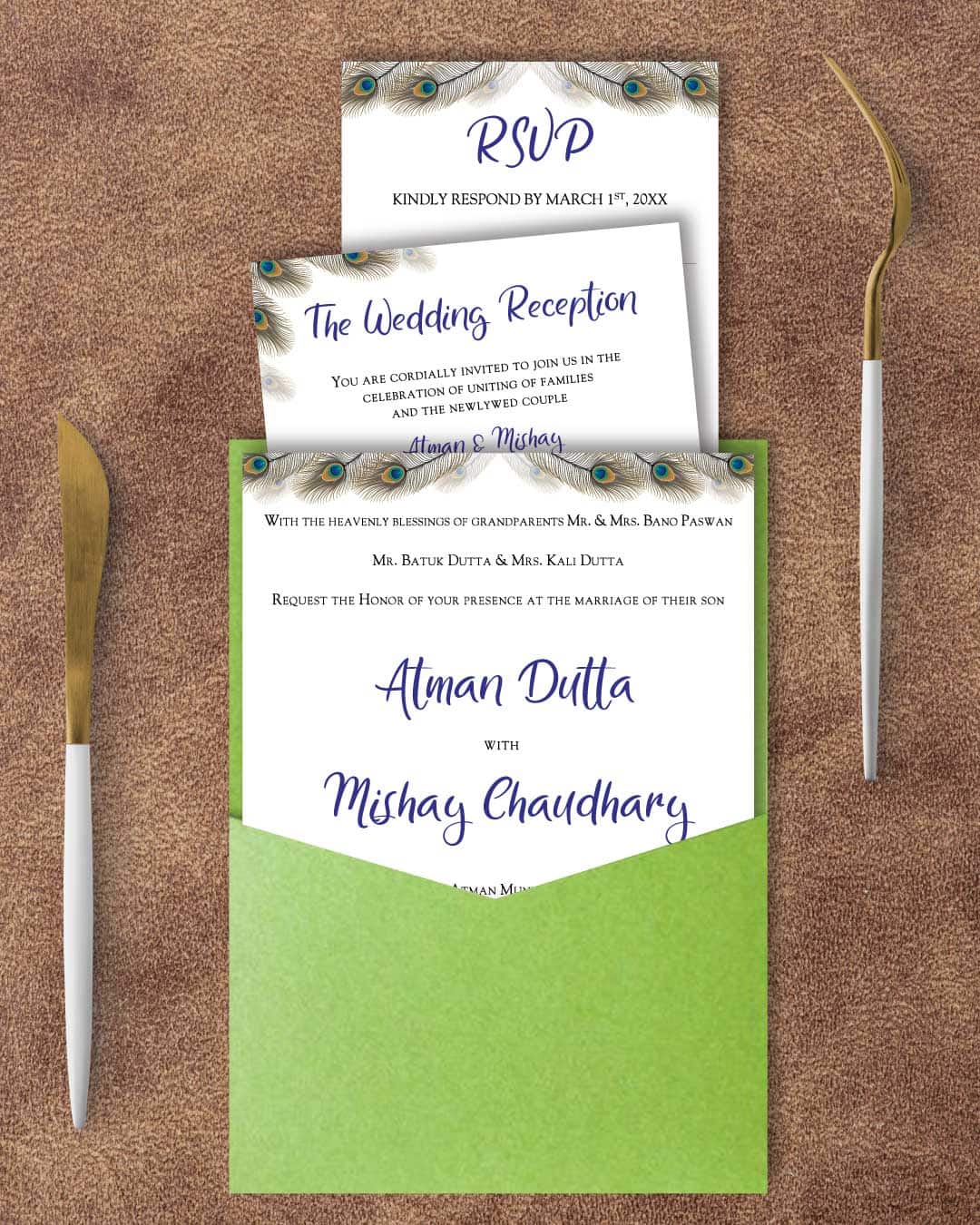 AP Printing - Peacock Feathers A7 Denali Pocket Wedding Invitation - Custom Printing Services