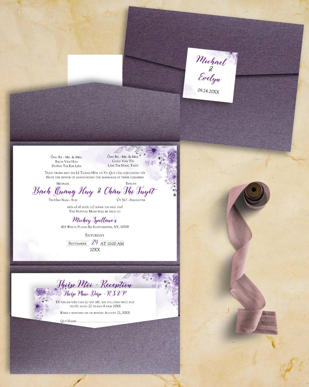 Lavender Bloom Grace A7 Atlas Pocket Wedding Invitation AP Printing - Lavender Bloom Grace A7 Atlas Pocket Wedding Invitation - Custom Printing Services
