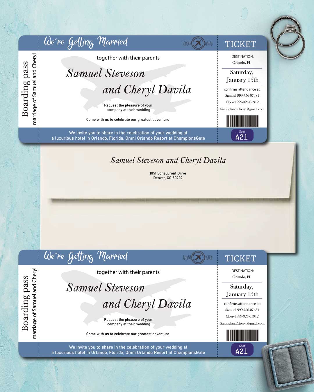 Wedding Ticket Blue Boarding Pass Wedding Invitations