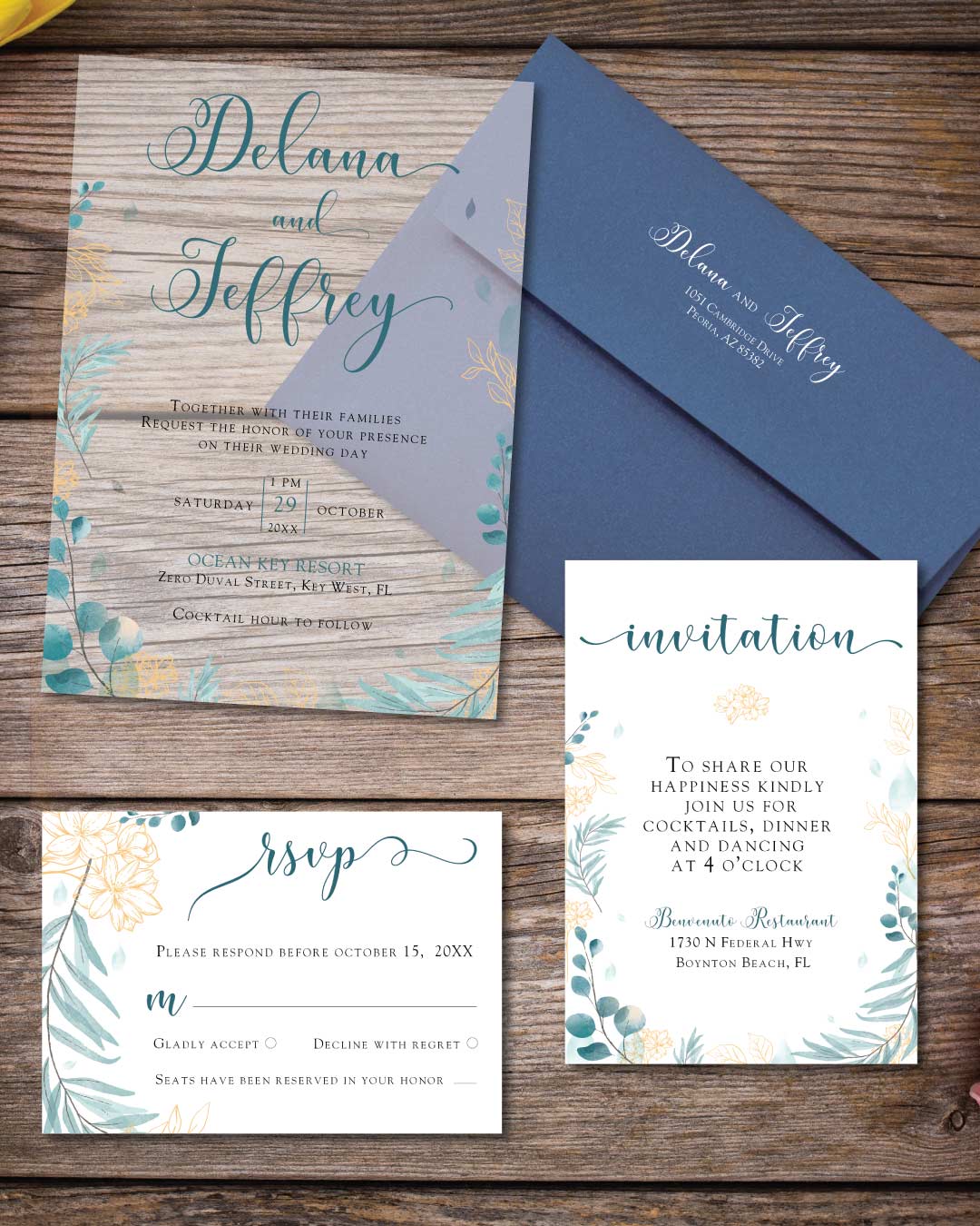 Blue Leaves And Branches Acrylic Wedding Invitation AP Printing - Blue Leaves And Branches Acrylic Wedding Invitation - Custom Printing Services