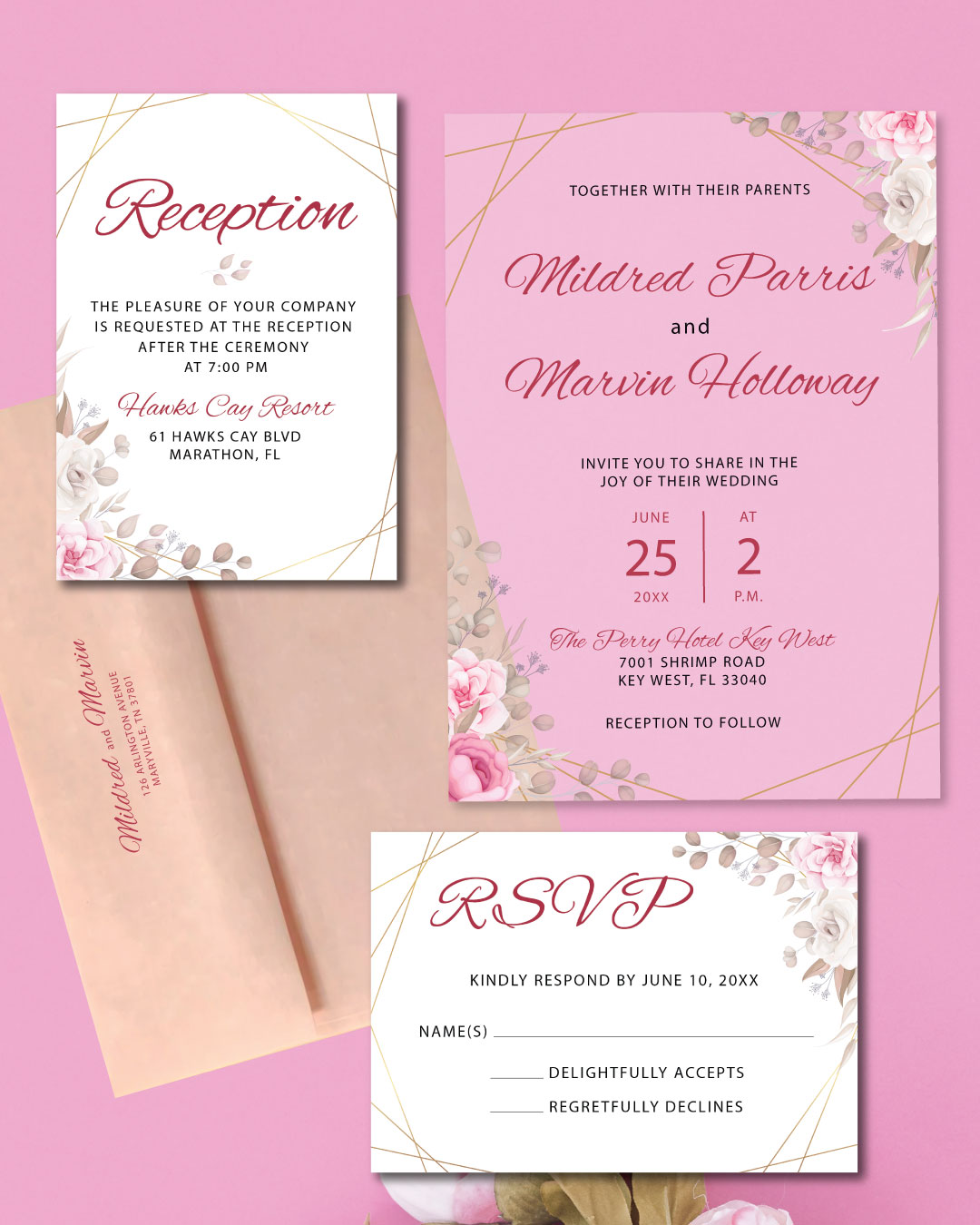 Pink Flowers In Corners Acrylic Wedding Invitation