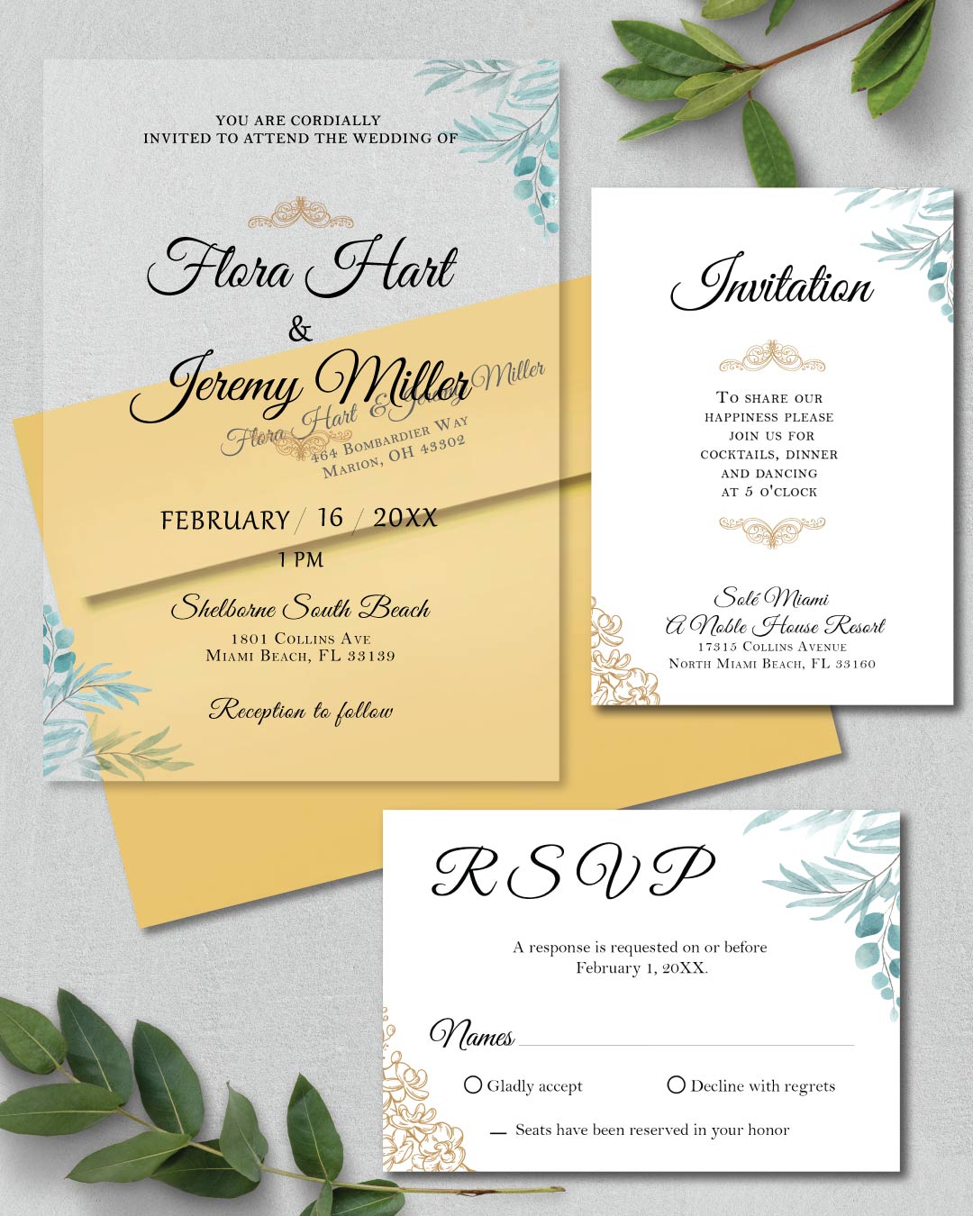 AP Printing - Blue Leaves And gold Acrylic Wedding Invitation - Custom Printing Services