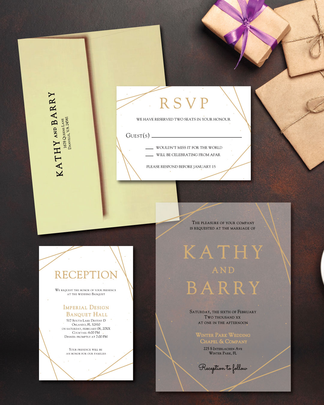 Gold Geometric Design Acrylic Wedding Invitation AP Printing - Gold Geometric Design Acrylic Wedding Invitation - Custom Printing Services