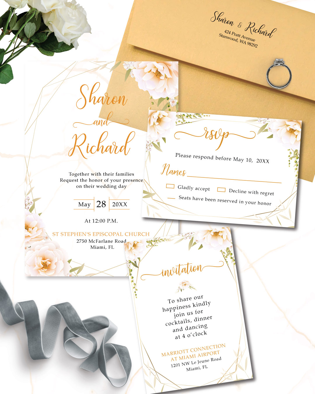 White Lily Flower Acrylic Wedding Invitation