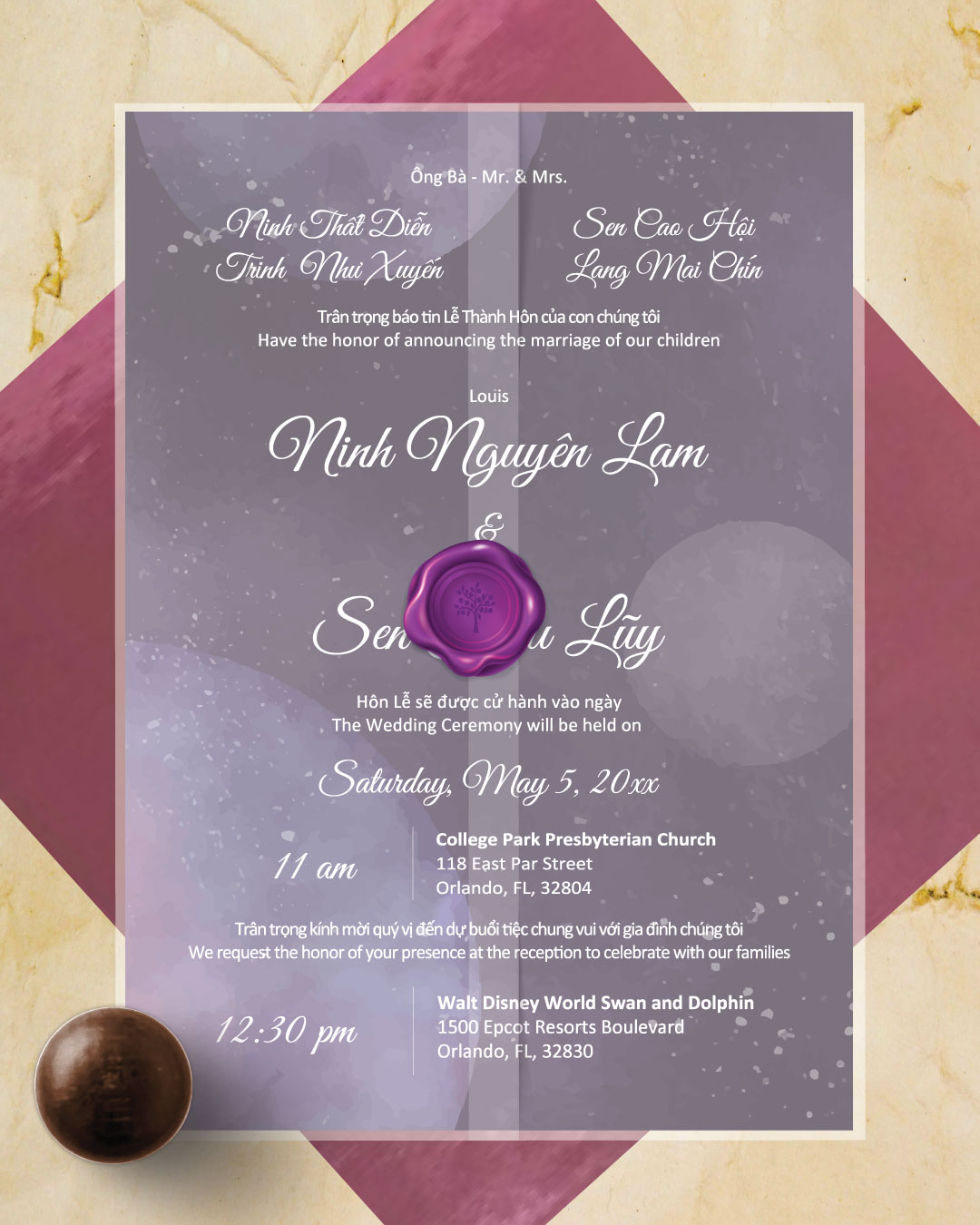 AP Printing - Watercolor Celestial Vellum Wrapped Vietnamese & English Wedding Invitation - Custom Printing Services