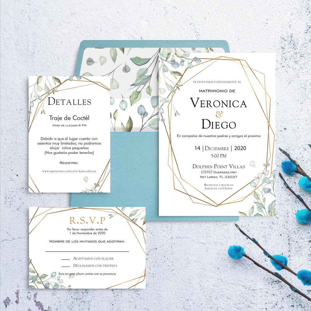 Gold Geometric Spanish & English Elegant Wedding Invitation AP Printing - Gold Geometric Spanish & English Elegant Wedding Invitation - Custom Printing Services