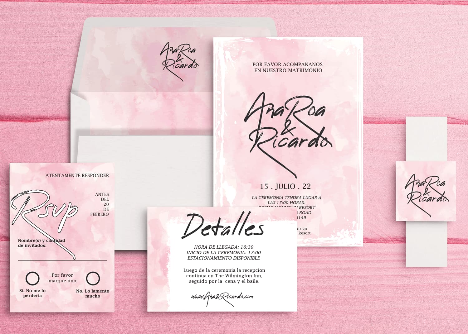Blush Pink Strokes Spanish & English Elegant Wedding Invitation