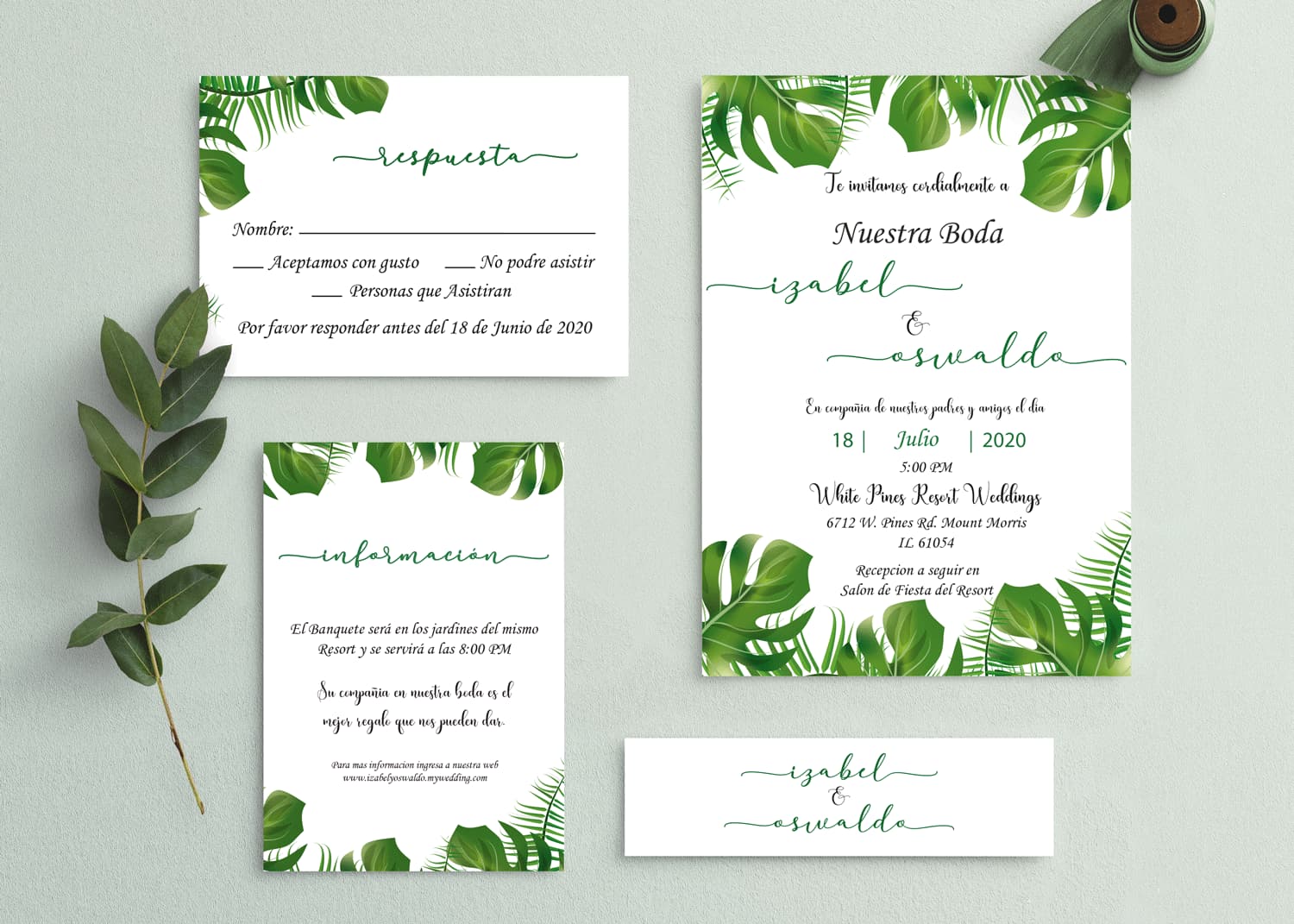 Monstera Green Leaves Spanish & English Elegant Wedding Invitation