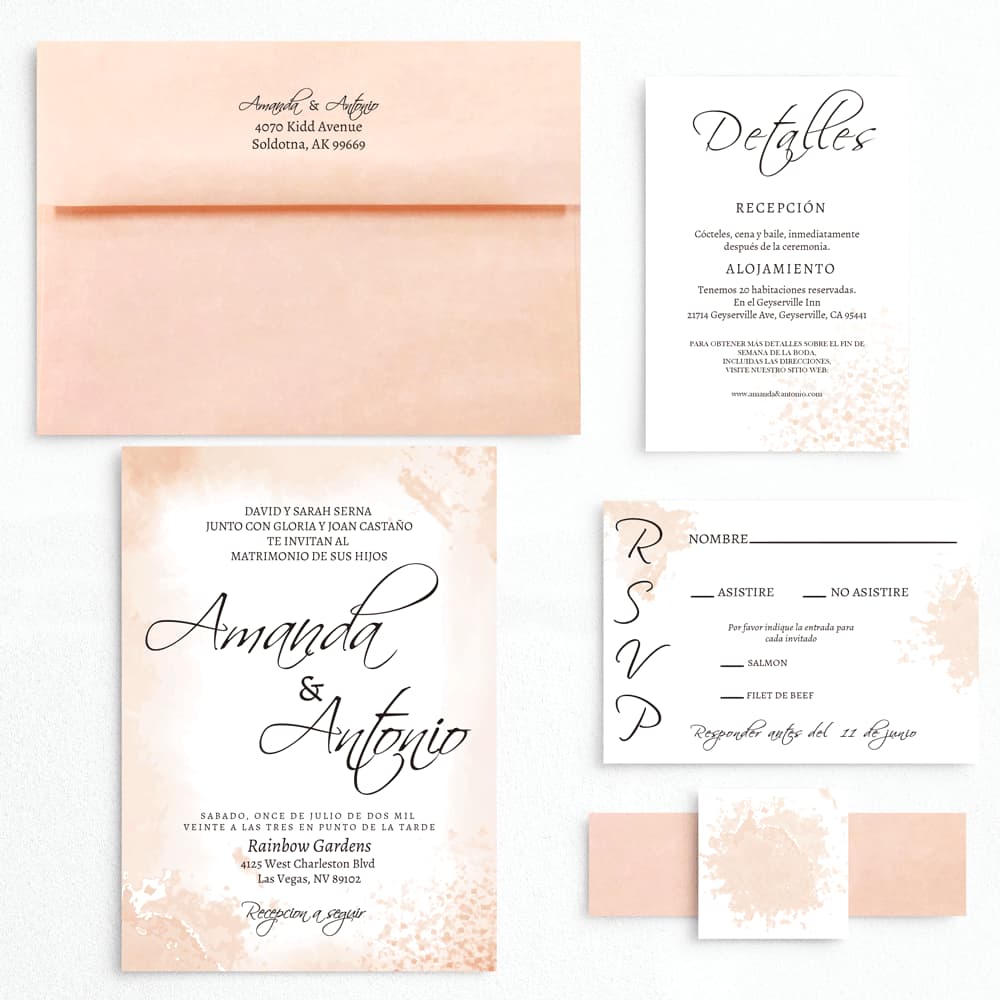 Coral Peach Strokes Spanish & English Elegant Wedding Invitation