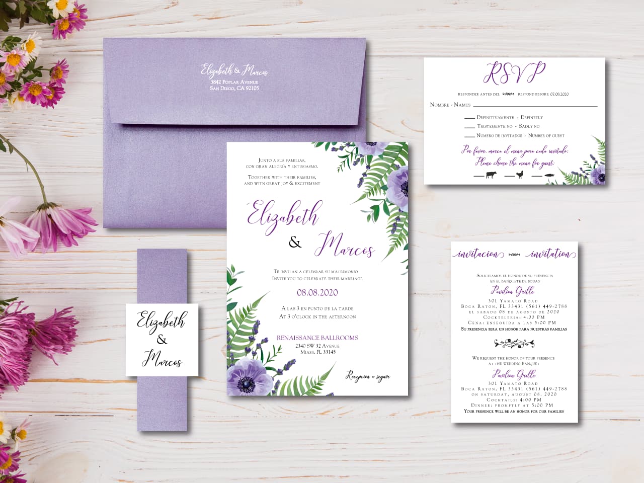 Violet Petunia Spanish & English Elegant Wedding Invitation