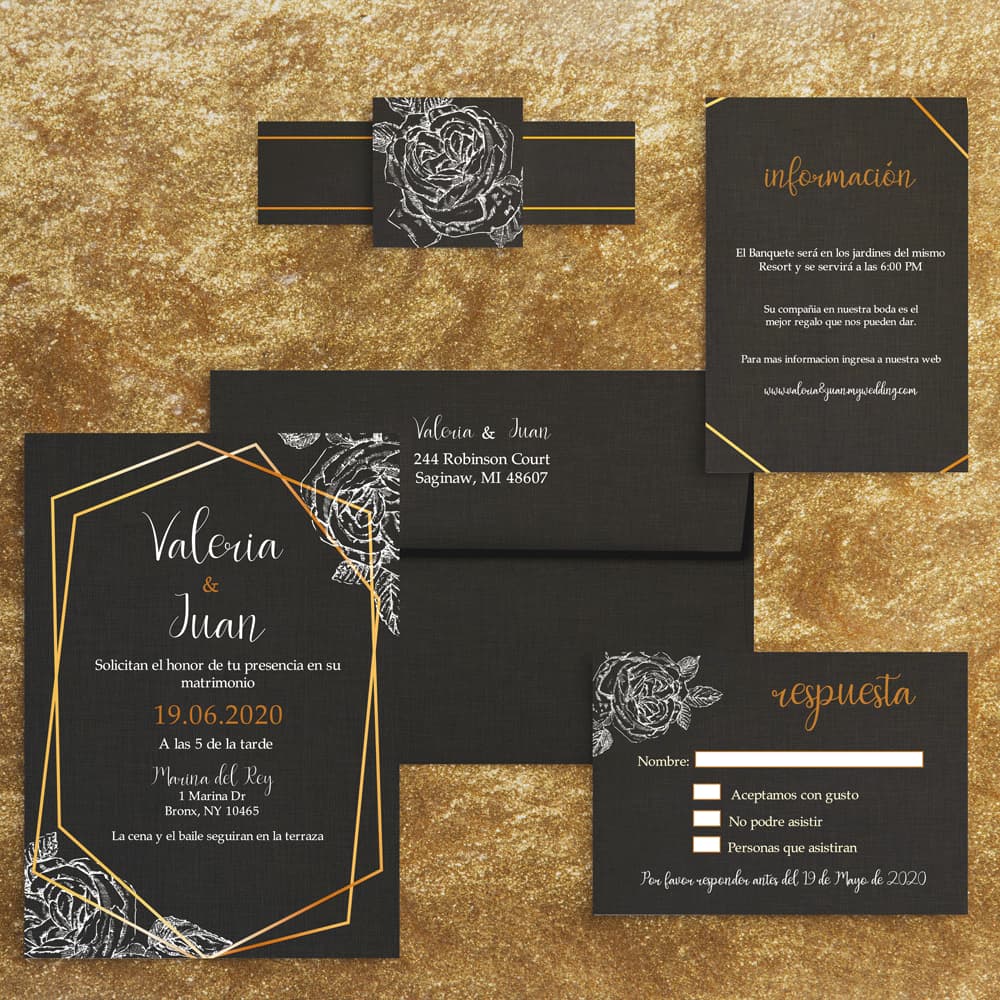 Gold Geometric and White Floral Spanish & English Elegant Wedding Invitation
