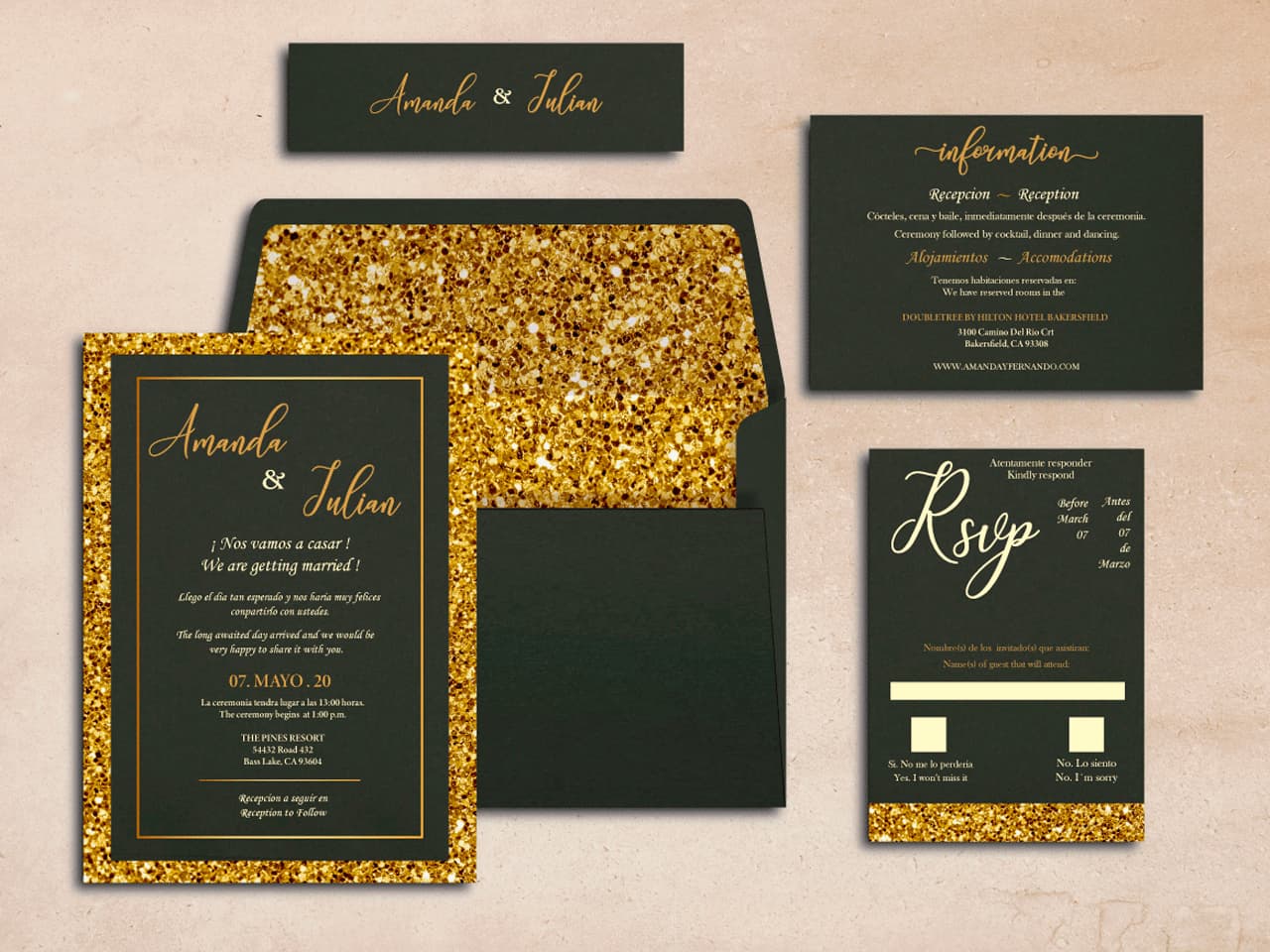 Classic Black White Gold Spanish & English Elegant Wedding Invitation