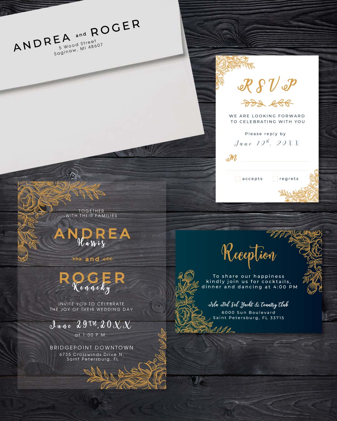 Beautiful Golden Lettering Acrylic Wedding Invitation