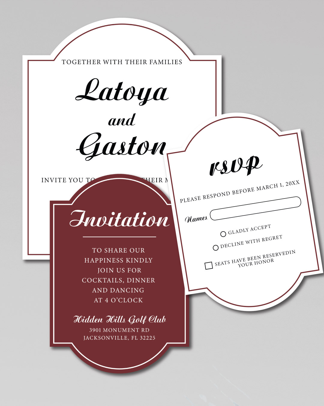Elegant Burgundy Unique Style Wedding Invitations