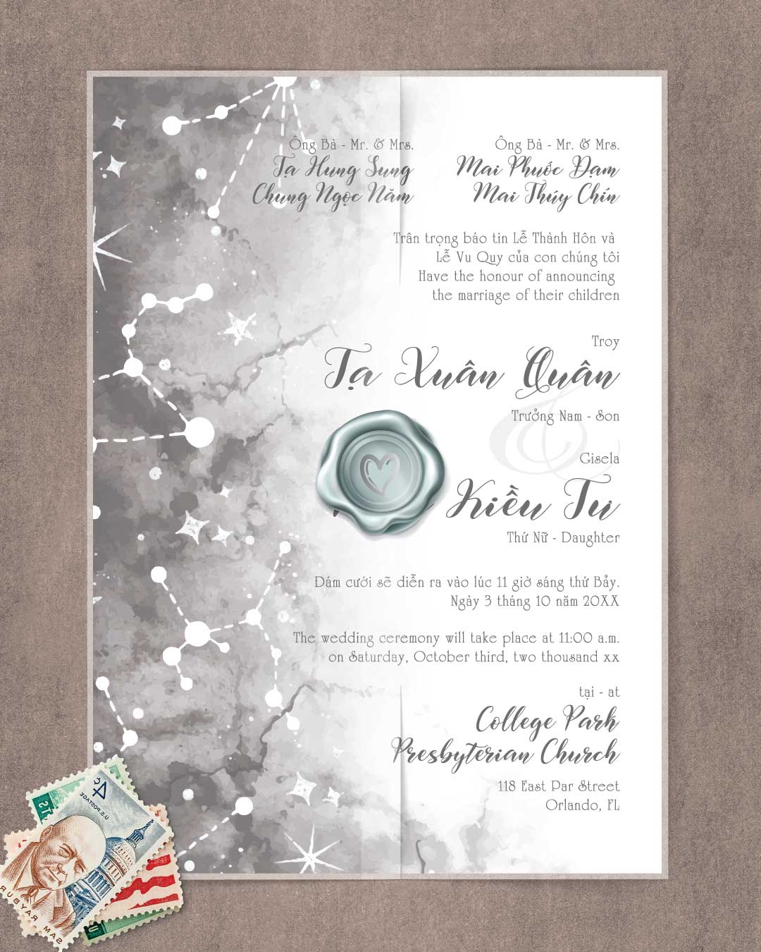 Constellations Design Vellum Wrapped Vietnamese & English Wedding Invitation
