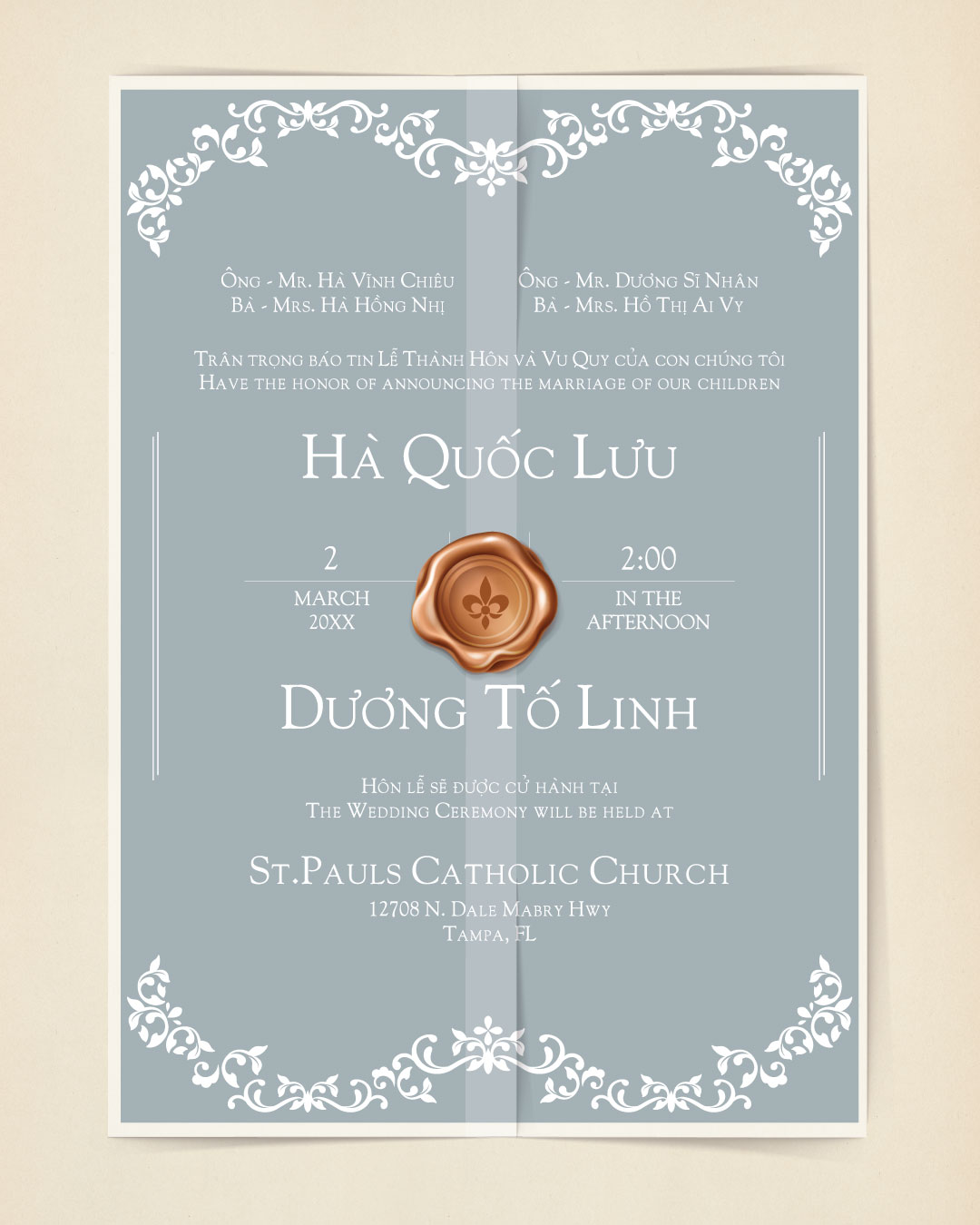Formal Frame Invitation Vellum Wrapped Vietnamese & English Wedding Invitation AP Printing - Formal Frame Invitation Vellum Wrapped Vietnamese & English Wedding Invitation - Custom Printing Services