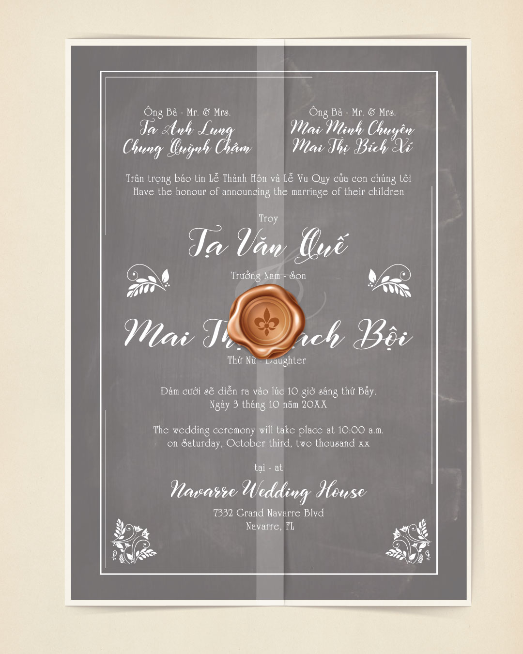 Vintage Slate Invitation Vellum Wrapped Vietnamese & English Wedding Invitation