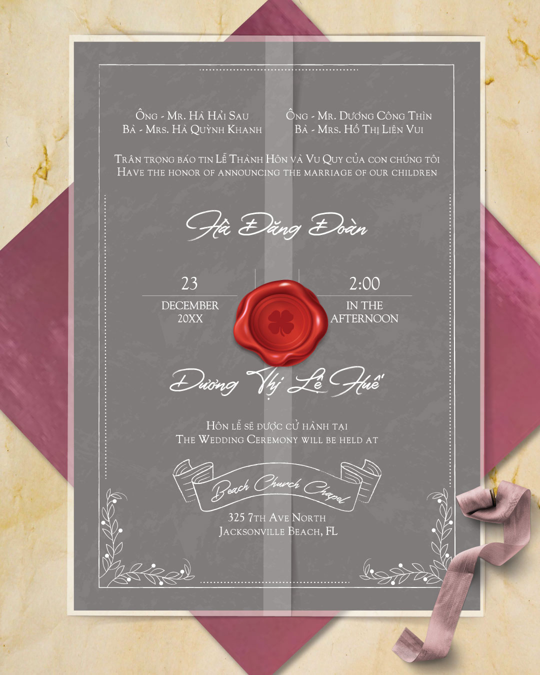 Beautiful Vintage Slate Vellum Wrapped Vietnamese & English Wedding Invitation