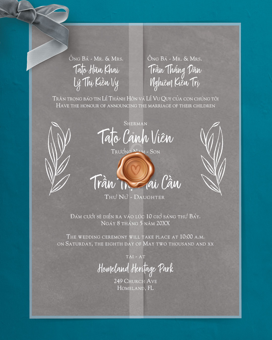 Vintage Vellum Wrapped Vietnamese & English Wedding Invitation