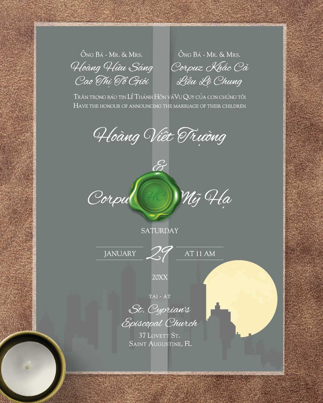 Moon in the City Vellum Wrapped Vietnamese & English Wedding Invitation