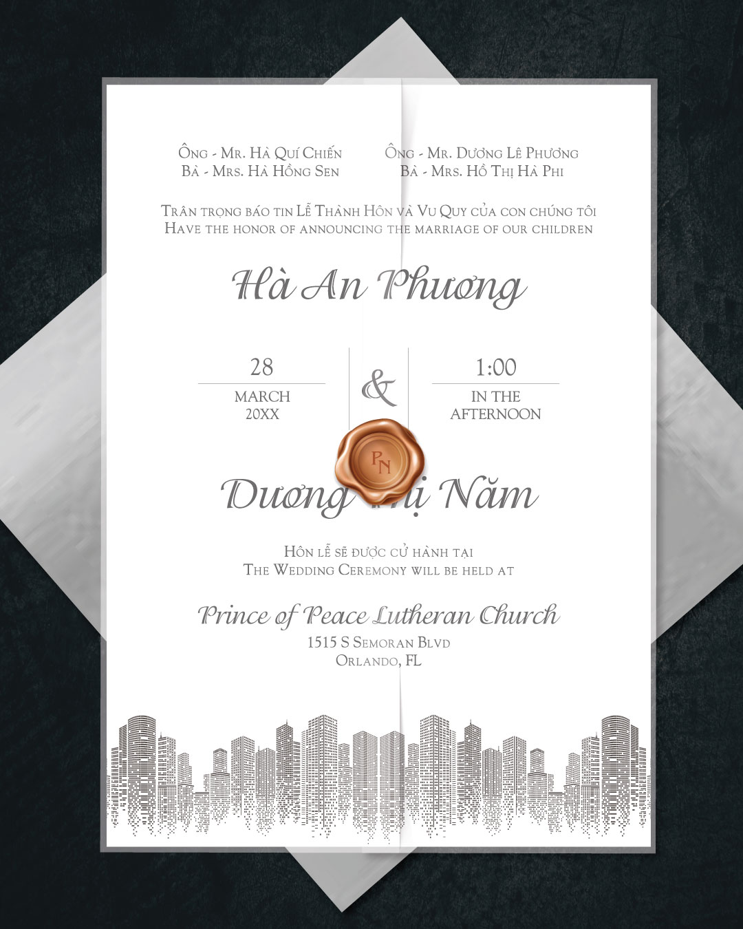 City Buildings Vellum Wrapped Vietnamese & English Wedding Invitation
