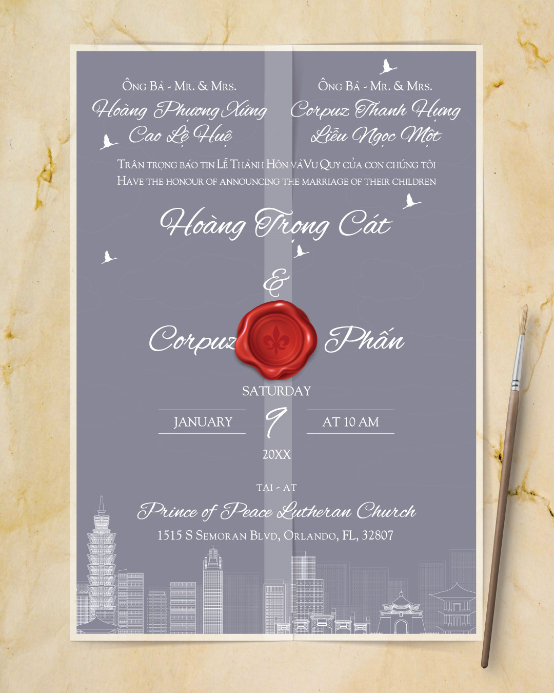 Taiwan City Buildings Vellum Wrapped Vietnamese & English Wedding Invitation