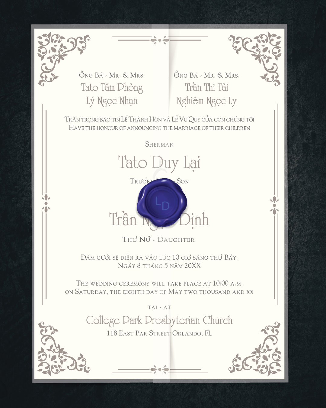 Formal Vellum Wrapped Vietnamese & English Wedding Invitation