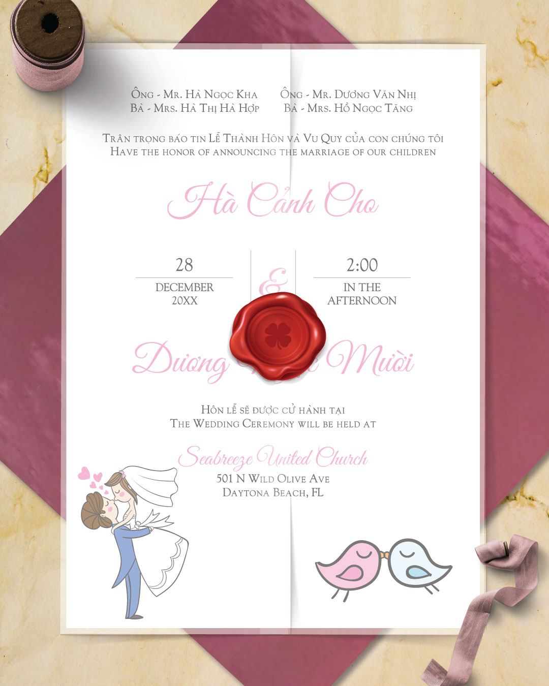 Hand Drawn Newlywed Vellum Wrapped Vietnamese & English Wedding Invitation