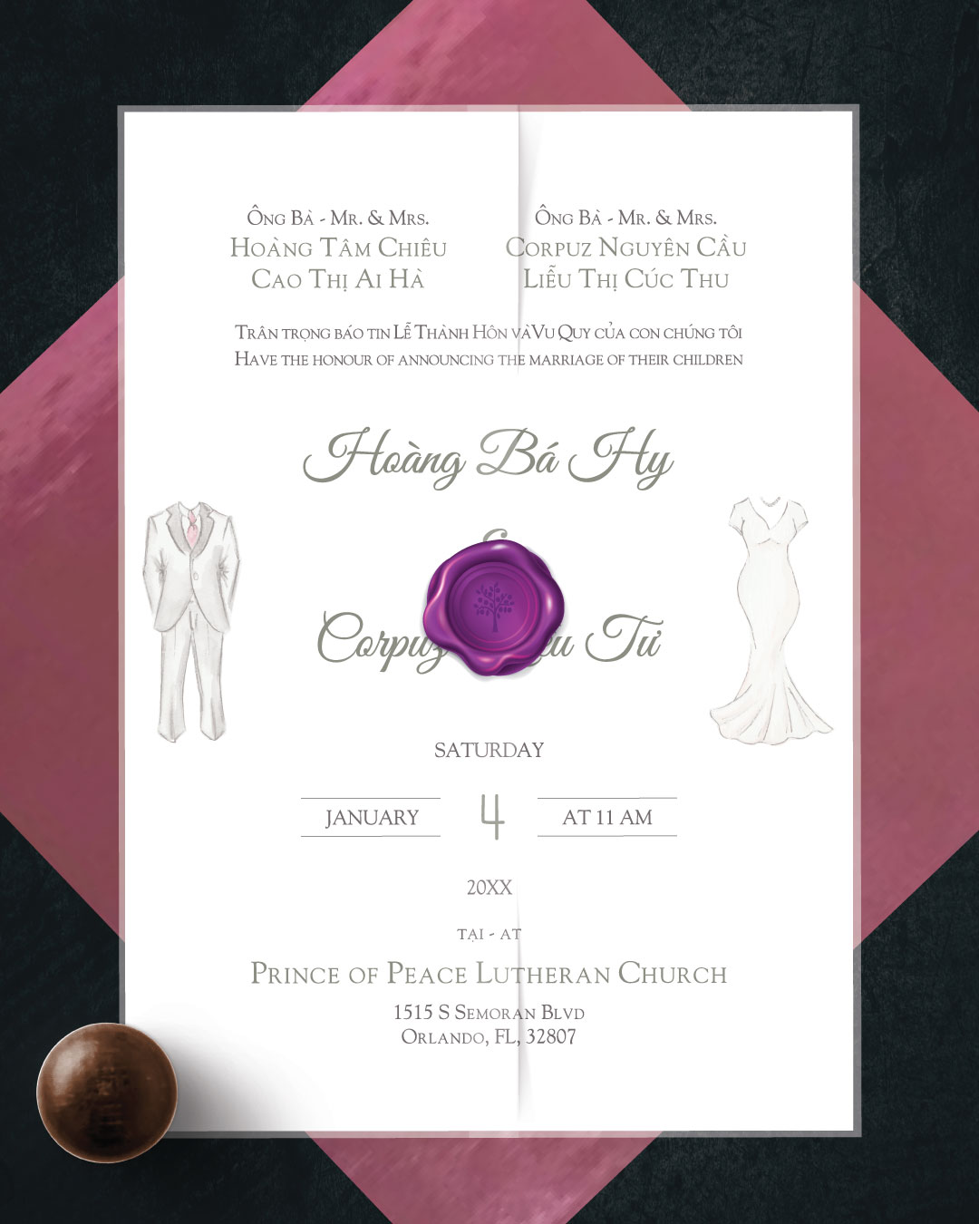 Wedding Dress and Suit Vellum Wrapped Vietnamese & English Wedding Invitation