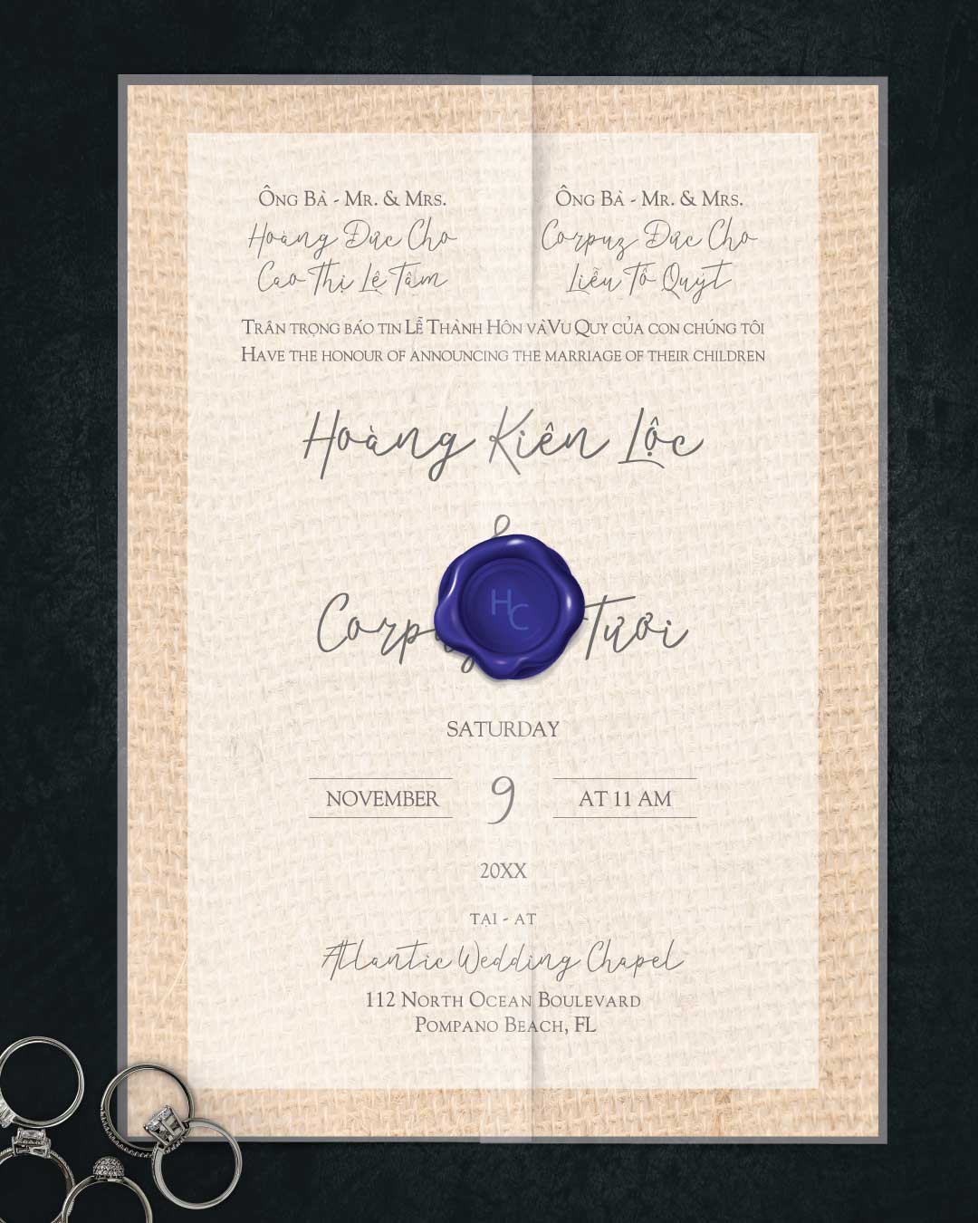 Burlap Texture Vellum Wrapped Vietnamese & English Wedding Invitation AP Printing - Burlap Texture Vellum Wrapped Vietnamese & English Wedding Invitation - Custom Printing Services