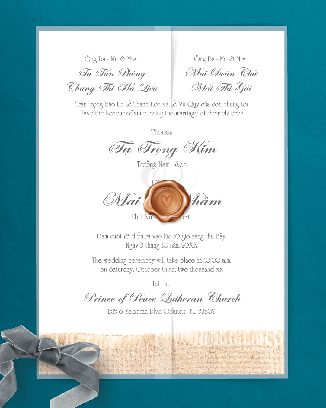Beautiful Burlap Texture Vellum Wrapped Vietnamese & English Wedding Invitation