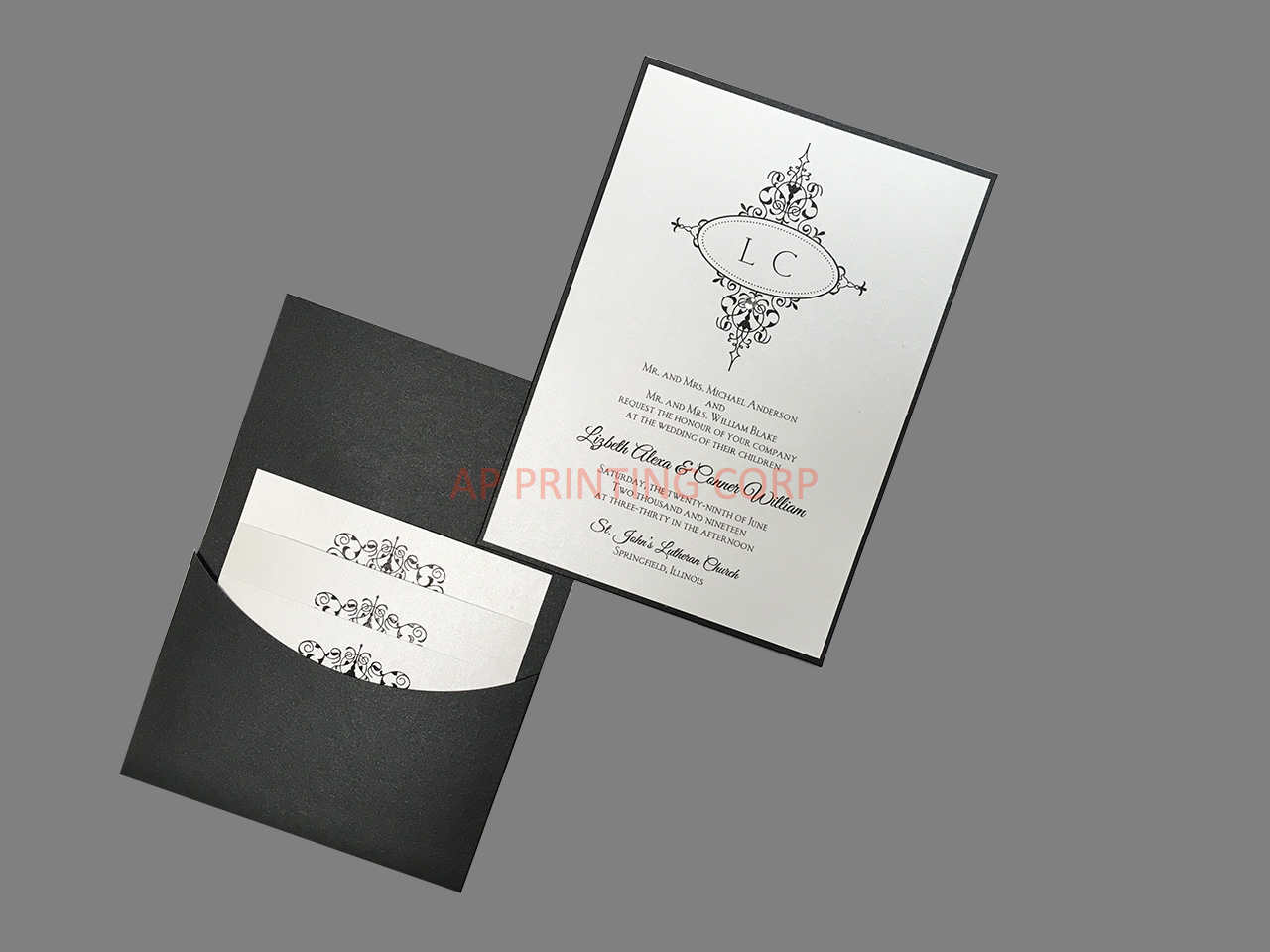 Monogram Flourish, Black Pocket, White Shimmer [CC-81] Pocket & Folder Invitation