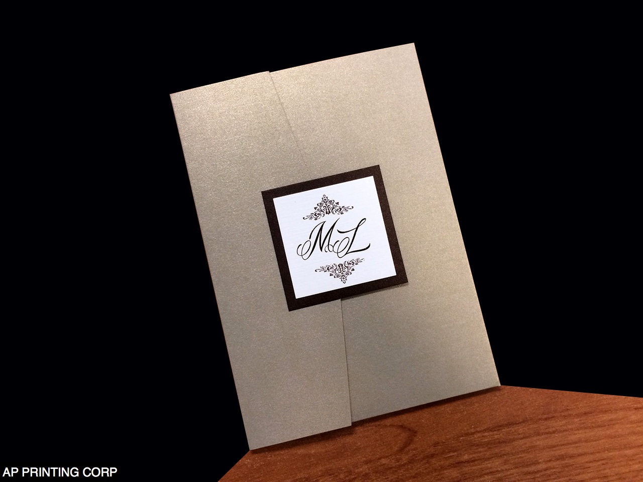 PAL-57-MMN Gold Leaf, Bronze, White Linen Pocket & Folder Invitation