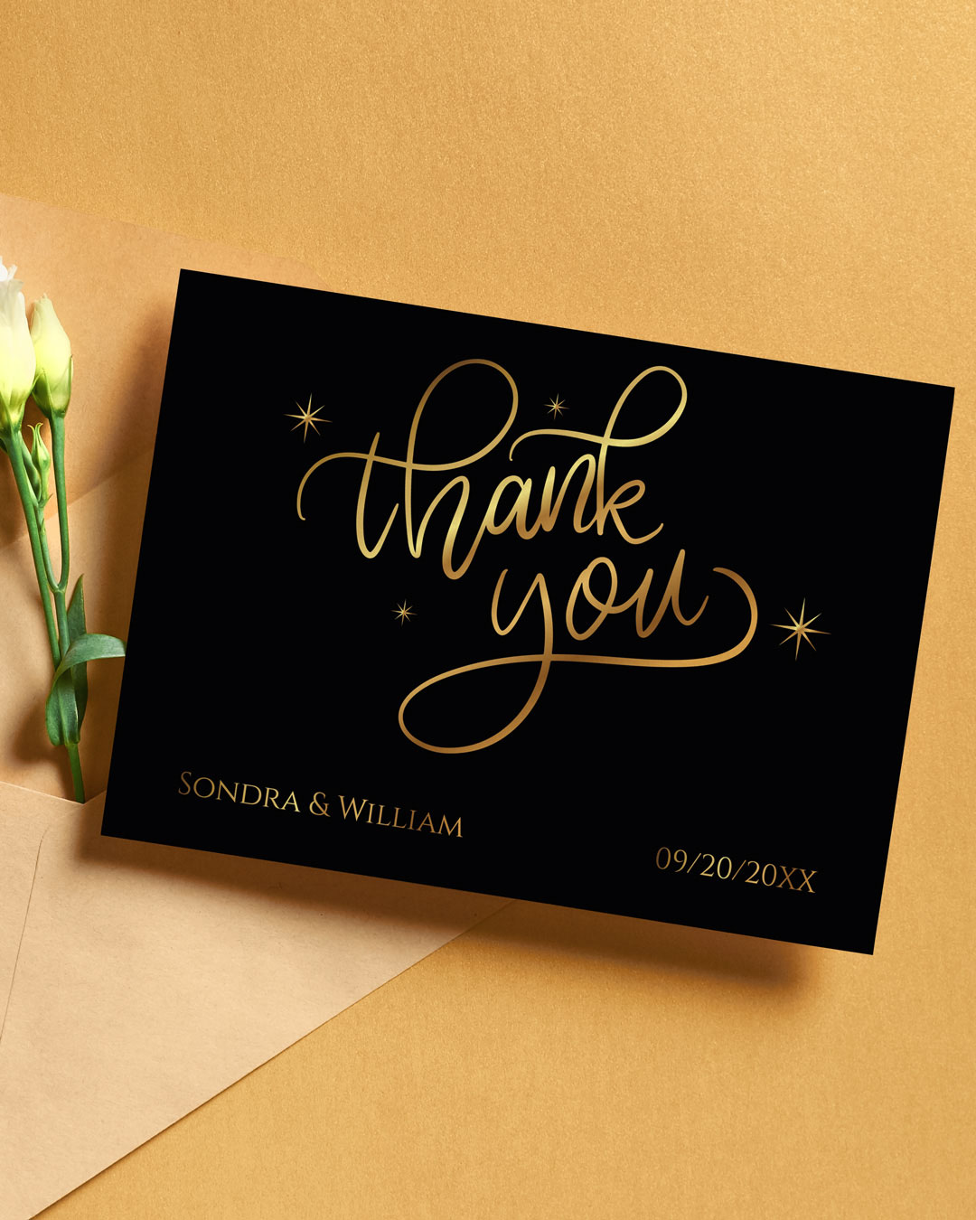 Gold Stars on Black Thank You Cards Wedding