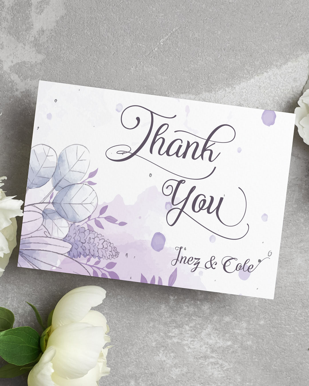 Purple Watercolor with Leaves Thank You Cards Wedding