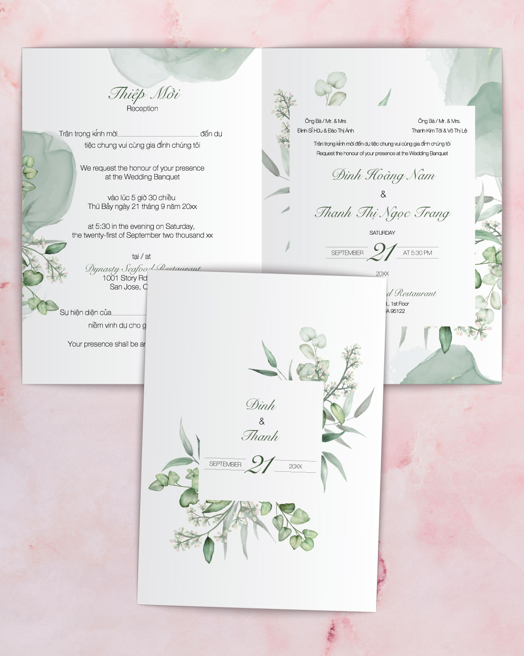 Forest Green Leaves Half Fold Vietnamese & English Wedding Invitation AP Printing - Forest Green Leaves Half Fold Vietnamese & English Wedding Invitation - Custom Printing Services