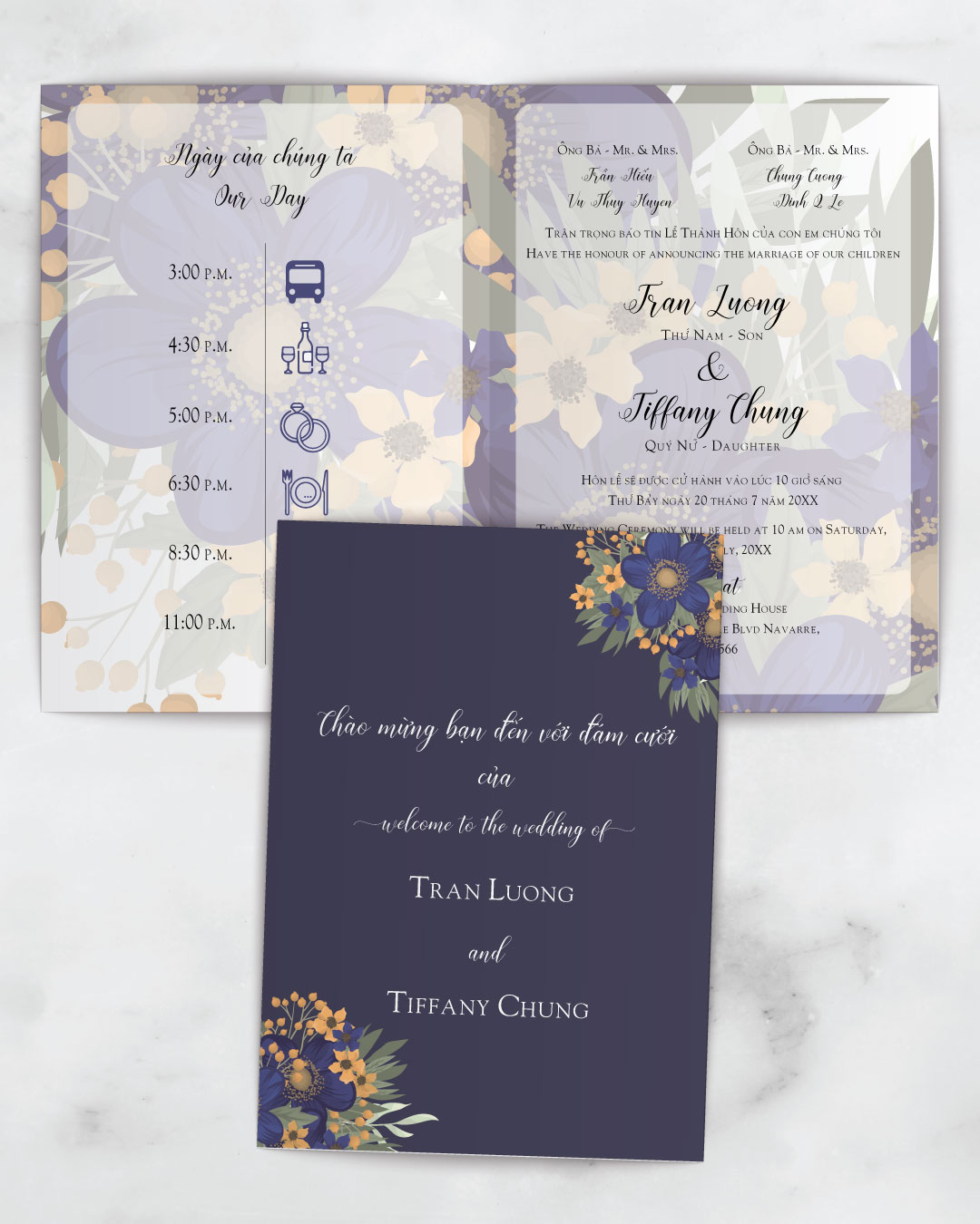 Blue And Yellow Flowers Half Fold Vietnamese & English Wedding Invitation AP Printing - Blue And Yellow Flowers Half Fold Vietnamese & English Wedding Invitation - Custom Printing Services
